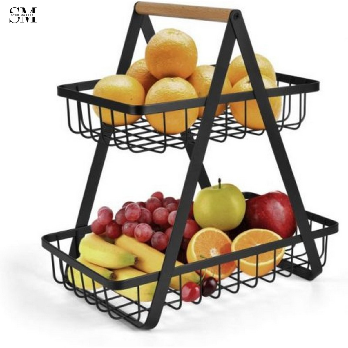 2 Tier Metal Fruit Basket Stand with Wooden Handle – Kitchen Countertop Fruit & Vegetable Orga