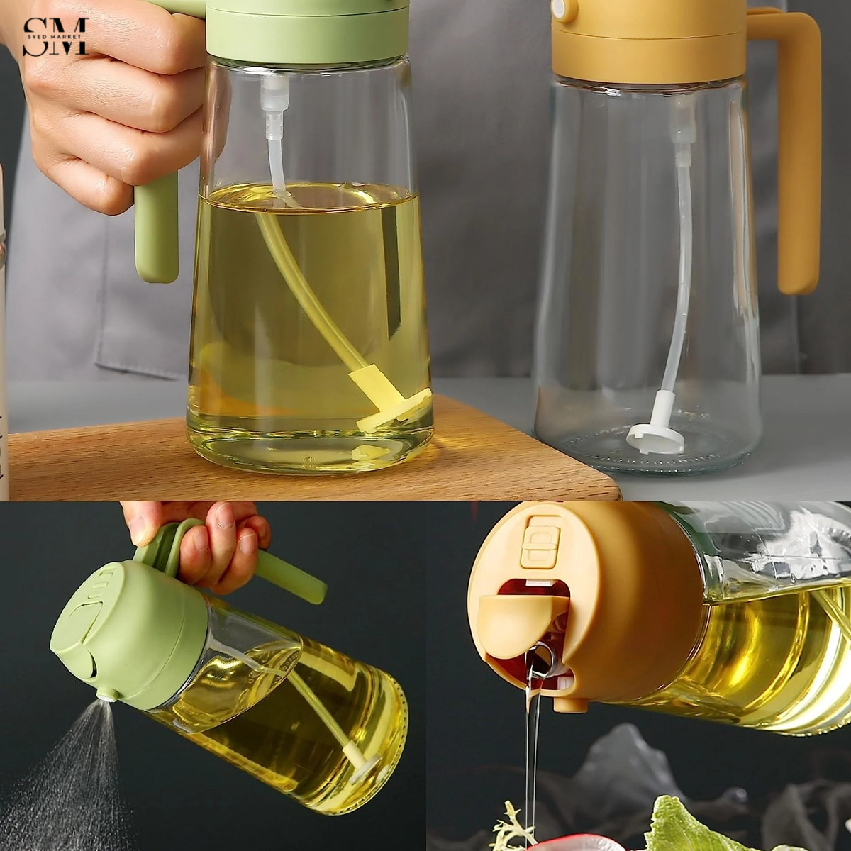 2-IN-1 SPRAY & POUR GLASS OIL BOTTLE – AUTOMATIC OPEN LID