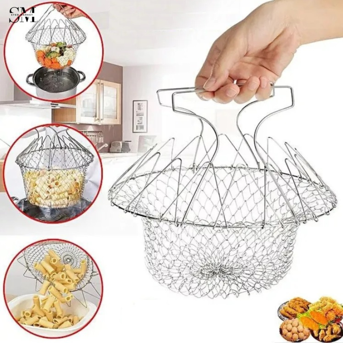 STAINLESS STEEL FOLDABLE FRYING BASKET & STEAMER RACK