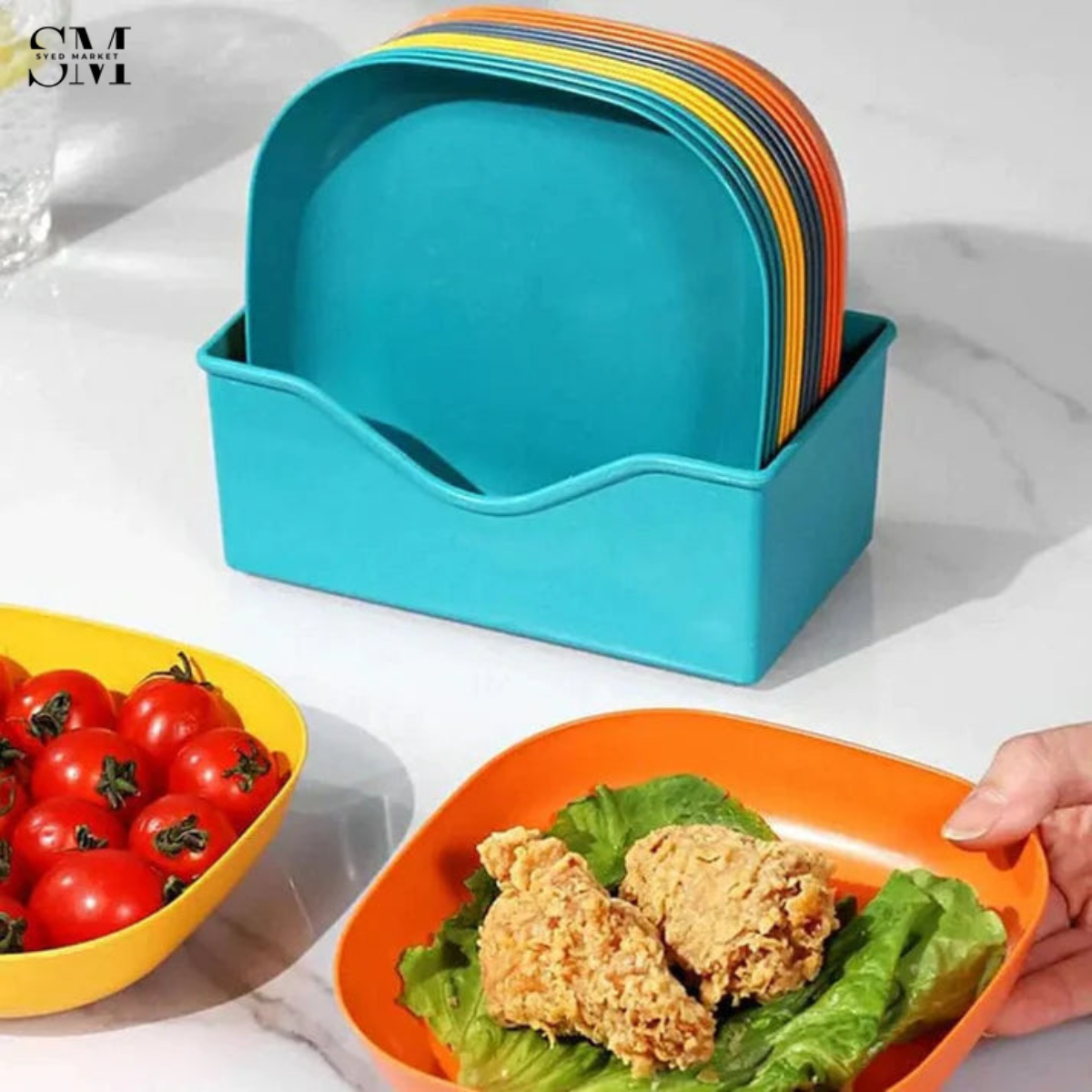 Colorful Kids Snack Plates Set – BPA-Free Plastic Food Serving Bowls with Organizer Stand
