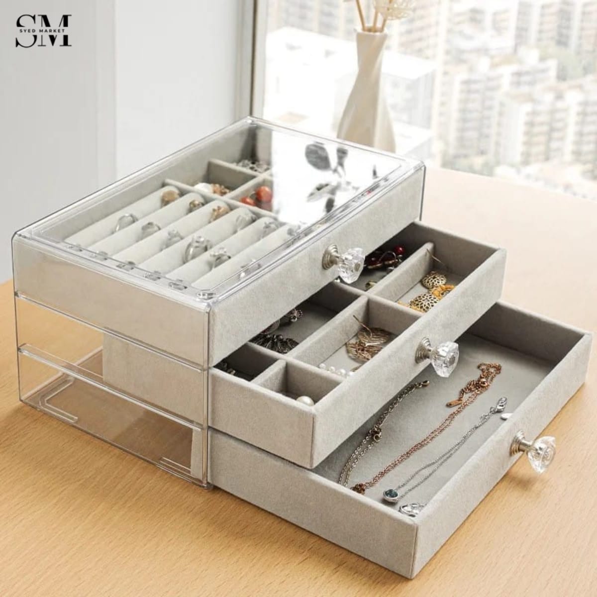 LUXURY JEWELRY ORGANIZER BOX WITH DRAWERS – ELEGANT RING & NECKLACE STORAGE CASE