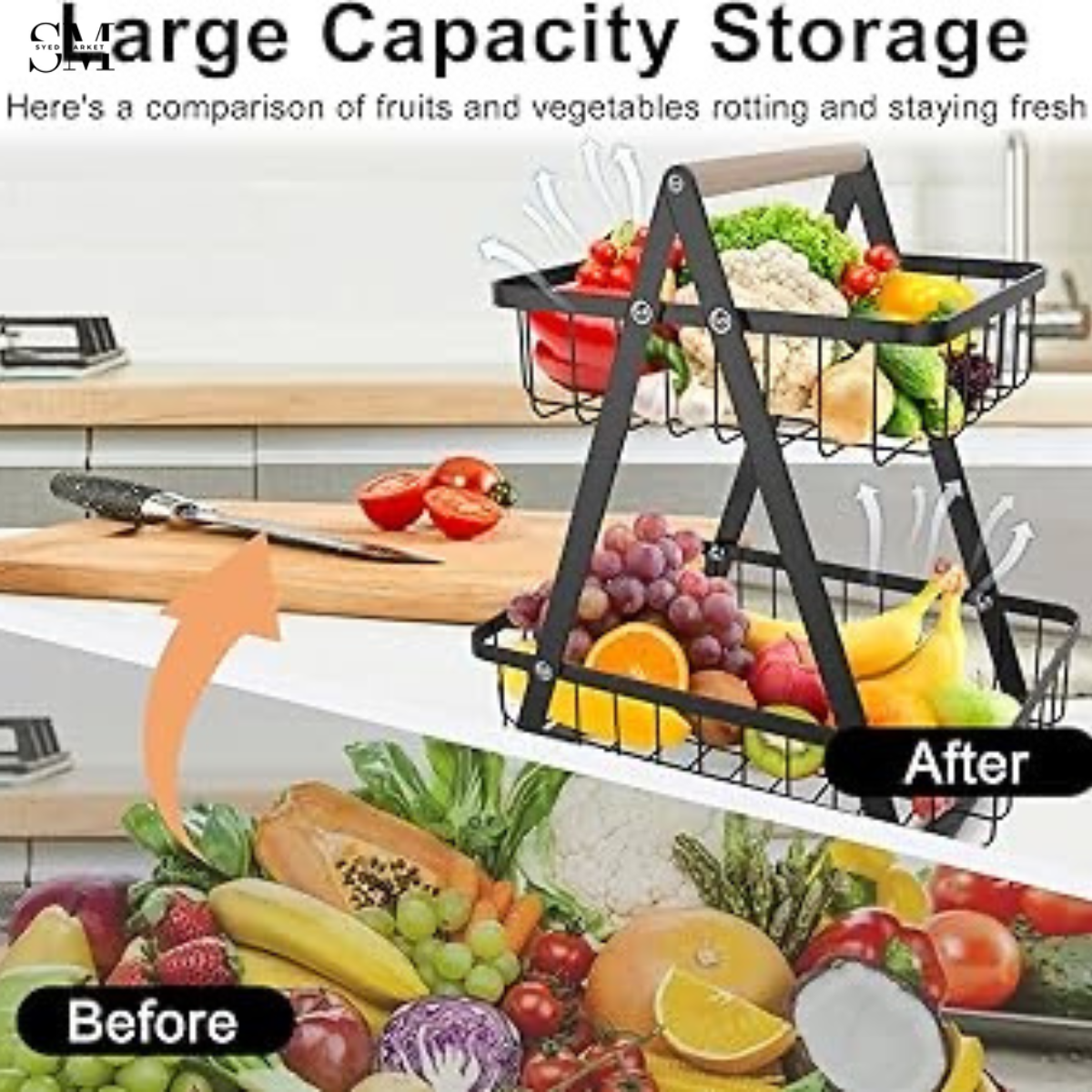 2 Tier Metal Fruit Basket Stand with Wooden Handle – Kitchen Countertop Fruit & Vegetable Orga