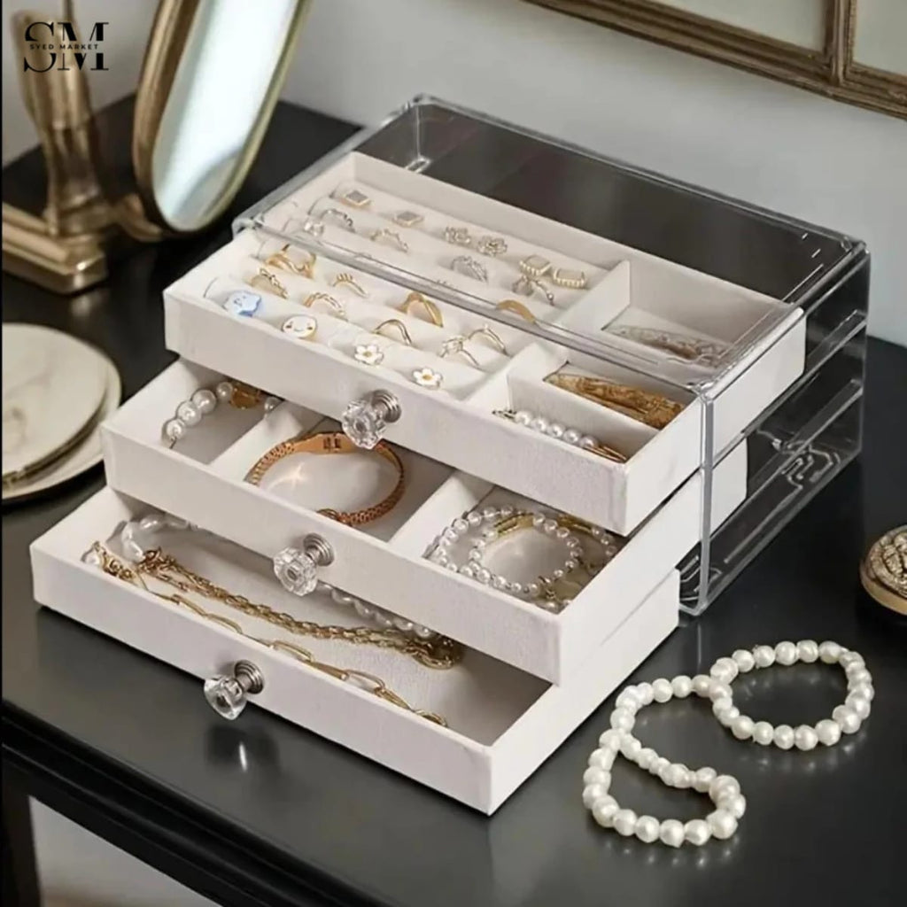 LUXURY JEWELRY ORGANIZER BOX WITH DRAWERS – ELEGANT RING & NECKLACE STORAGE CASE