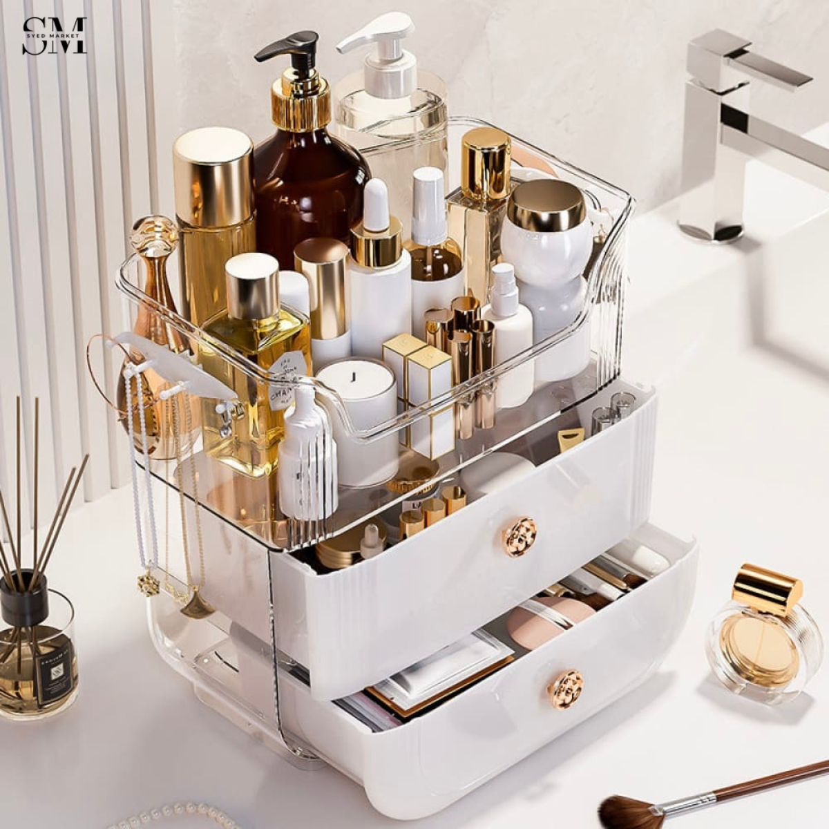 LARGE-CAPACITY MAKEUP STORAGE BOX MULTIFUNCTIONAL VANITY ORGANIZER FOR SKINCARE & JEWELRY