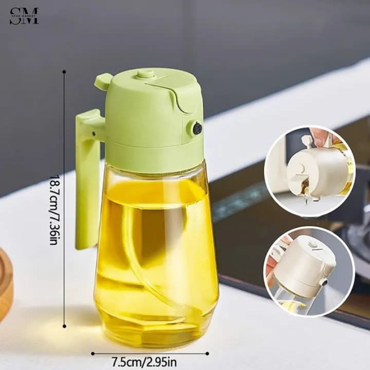 2-IN-1 SPRAY & POUR GLASS OIL BOTTLE – AUTOMATIC OPEN LID