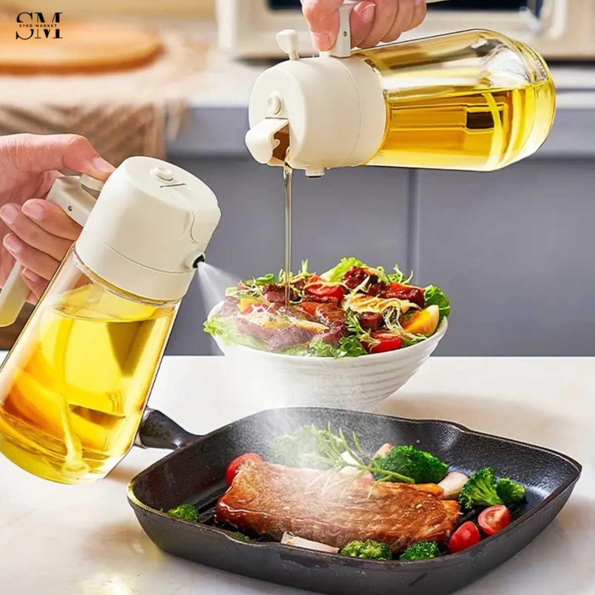 2-IN-1 SPRAY & POUR GLASS OIL BOTTLE – AUTOMATIC OPEN LID