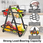 2 Tier Metal Fruit Basket Stand with Wooden Handle – Kitchen Countertop Fruit & Vegetable Orga