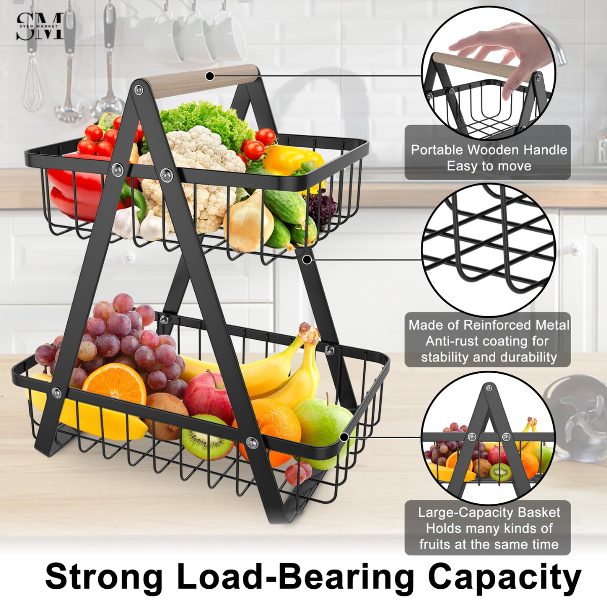 2 Tier Metal Fruit Basket Stand with Wooden Handle – Kitchen Countertop Fruit & Vegetable Orga