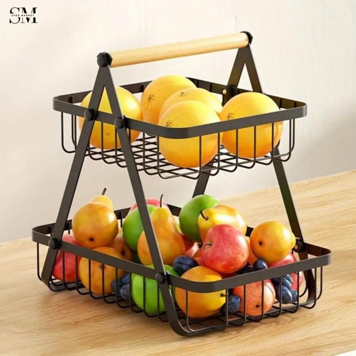 2 Tier Metal Fruit Basket Stand with Wooden Handle – Kitchen Countertop Fruit & Vegetable Orga