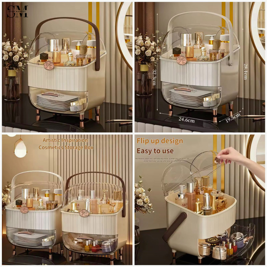 LUXURY DUSTPROOF COSMETIC ORGANIZER BOX WITH DRAWER & HANDLE