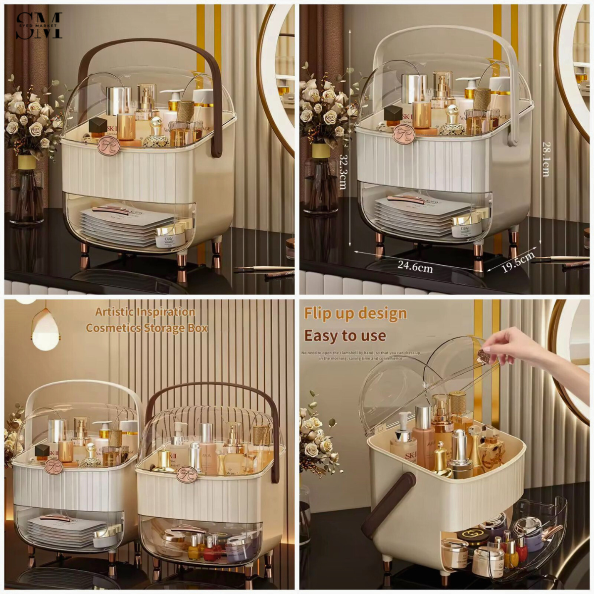 LUXURY DUSTPROOF COSMETIC ORGANIZER BOX WITH DRAWER & HANDLE