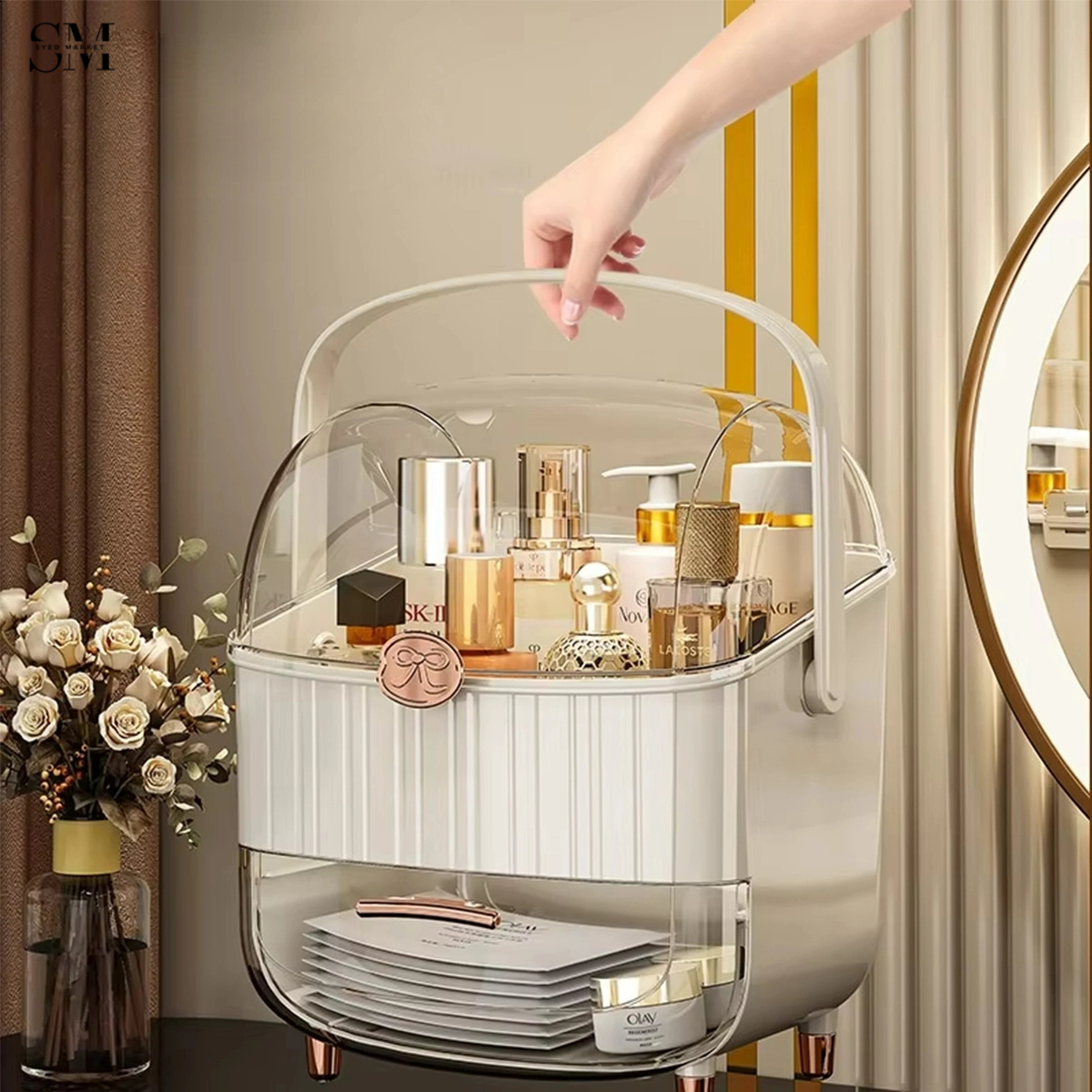 LUXURY DUSTPROOF COSMETIC ORGANIZER BOX WITH DRAWER & HANDLE