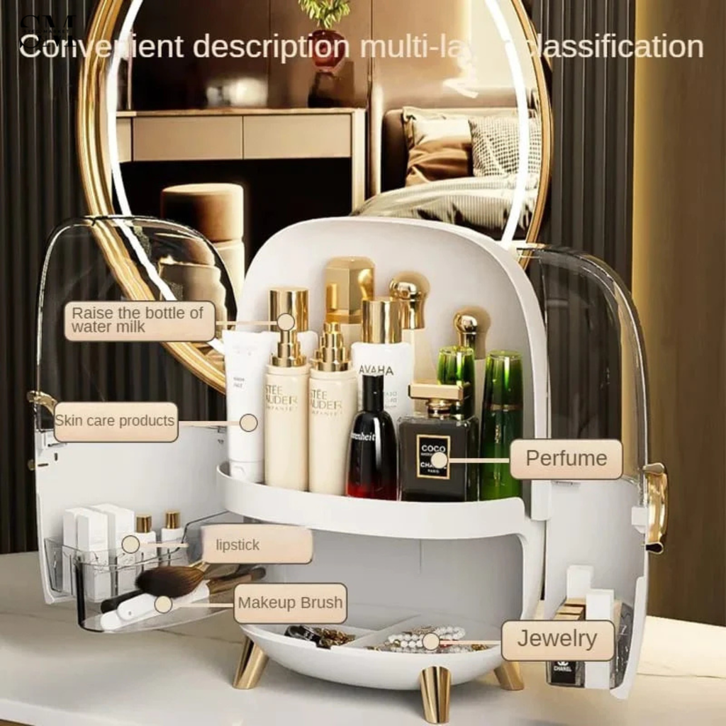 LUXURY DUSTPROOF COSMETIC ORGANIZER BOX WITH DRAWER & HANDLE