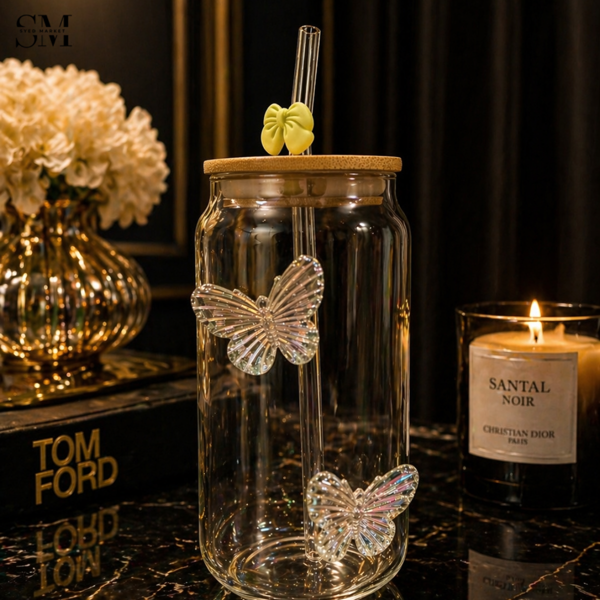 LUXURY GLASS JAR WITH BUTTERFLY DESIGN – ELEGANT PREMIUM AESTHETIC