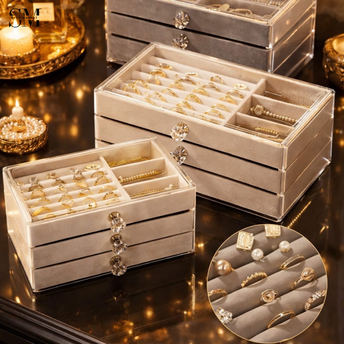 LUXURY JEWELRY ORGANIZER BOX WITH DRAWERS – ELEGANT RING & NECKLACE STORAGE CASE