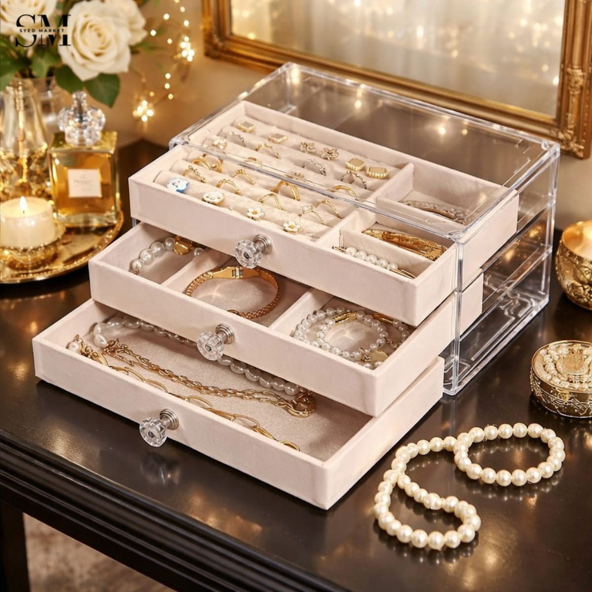 LUXURY JEWELRY ORGANIZER BOX WITH DRAWERS – ELEGANT RING & NECKLACE STORAGE CASE