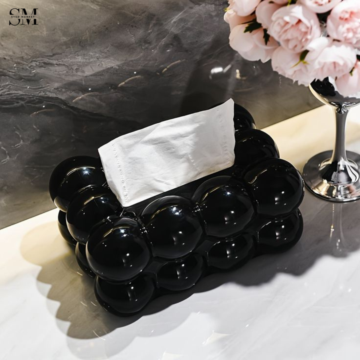 PVC BUBBLE DESIGN TISSUE BOX HOLDER – LUXURY VILLA TABLETOP DECOR - BLACK