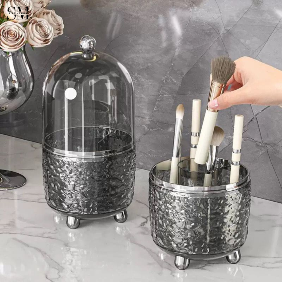 LUXURY GLASS MAKEUP BRUSH ORGANIZER WITH DOME COVER – ELEGANT COSMETIC STORAGE CONTAINER