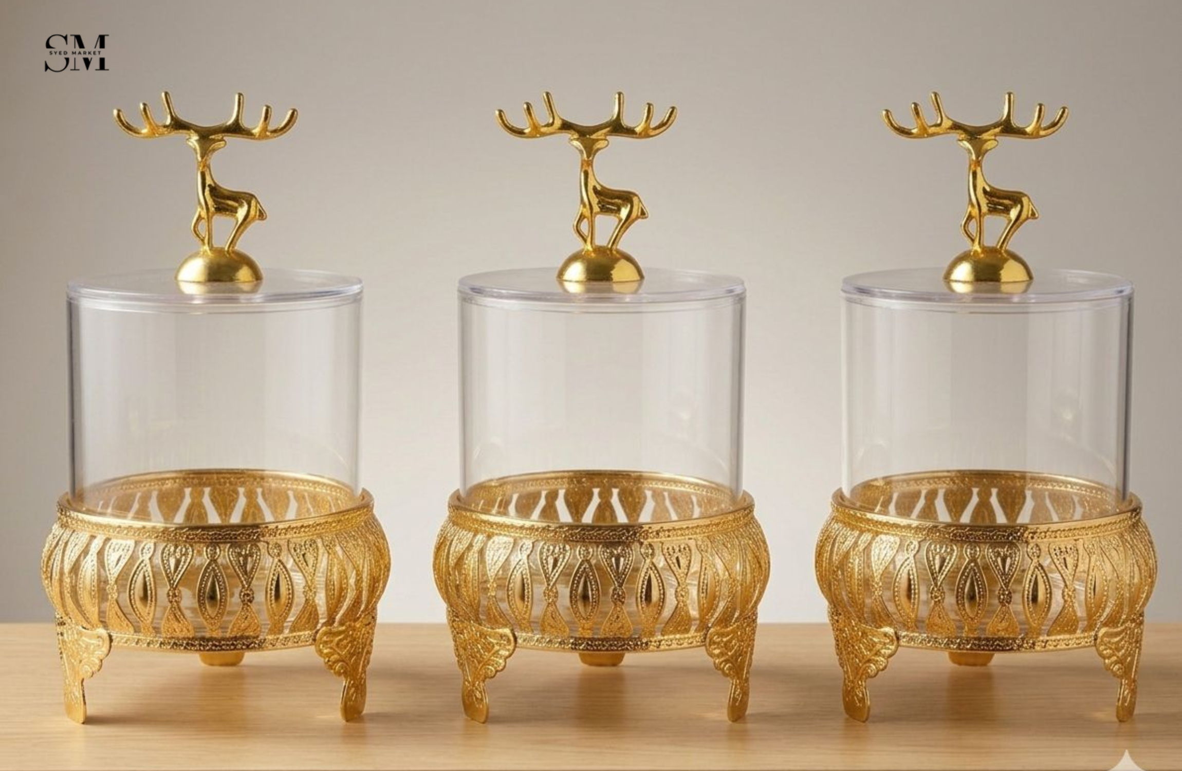 MAJESTIC REINDEER GLASS JARS SET - 3 PIECES GOLD BOTTOM