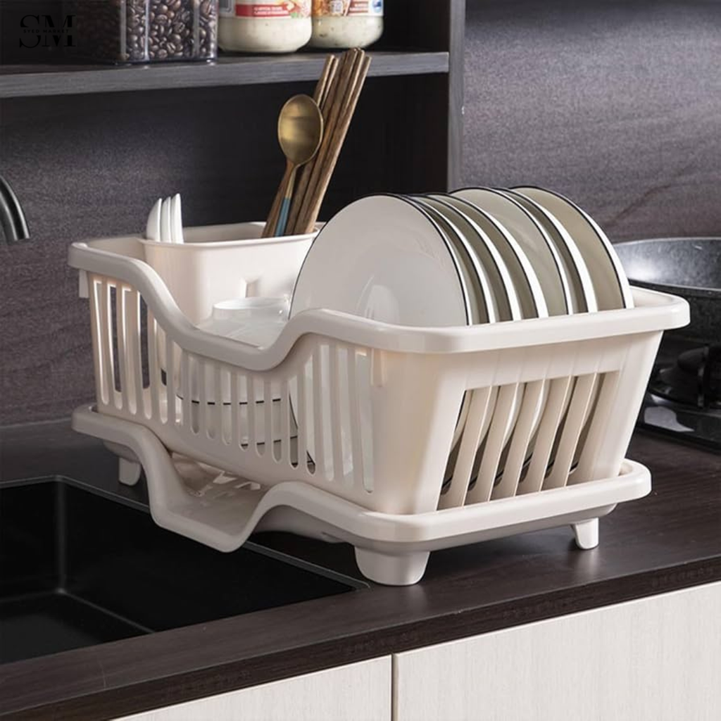 KITCHEN DISH DRYING RACK LARGE PLASTIC DRAINER WITH DRIP TRAY SPOONS & FORKS HOLDER