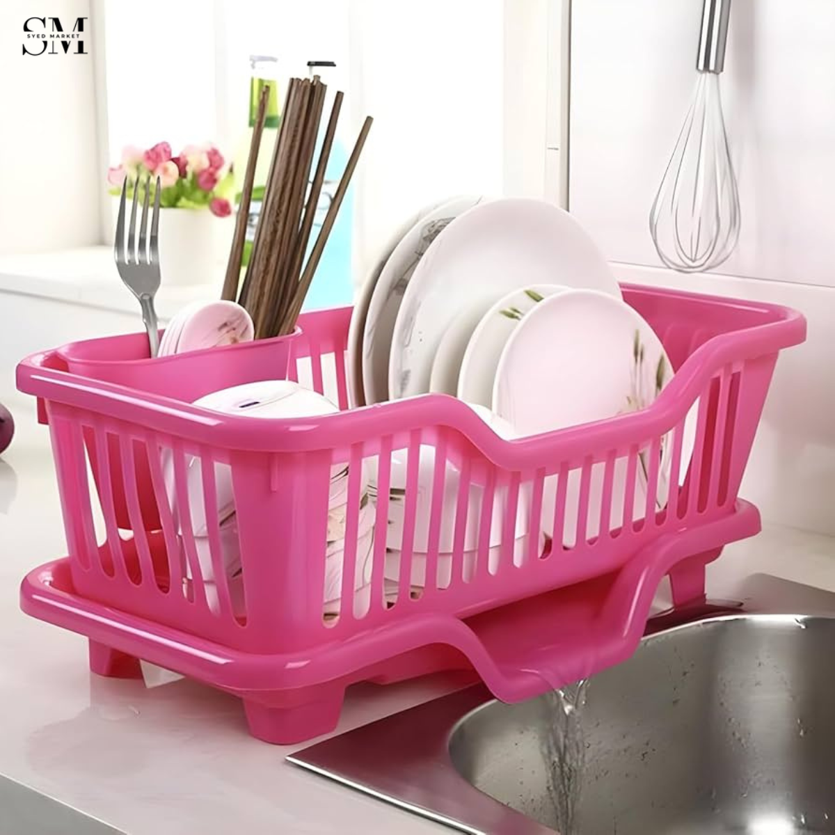 KITCHEN DISH DRYING RACK LARGE PLASTIC DRAINER WITH DRIP TRAY SPOONS & FORKS HOLDER