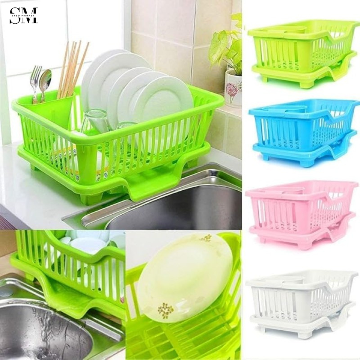 KITCHEN DISH DRYING RACK LARGE PLASTIC DRAINER WITH DRIP TRAY SPOONS & FORKS HOLDER