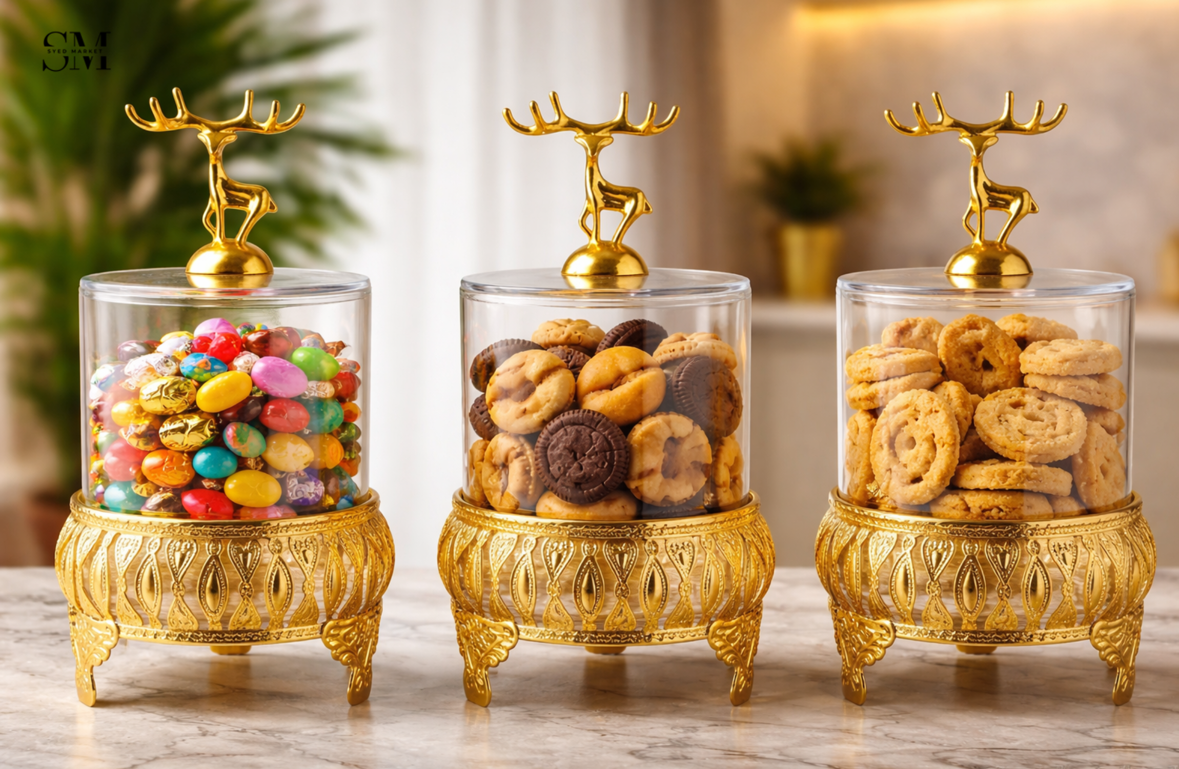 MAJESTIC REINDEER GLASS JARS SET - 3 PIECES GOLD BOTTOM