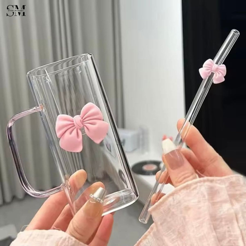 GLASSIUM BOW TUMBLER MUG WITH STRAW - 400ML