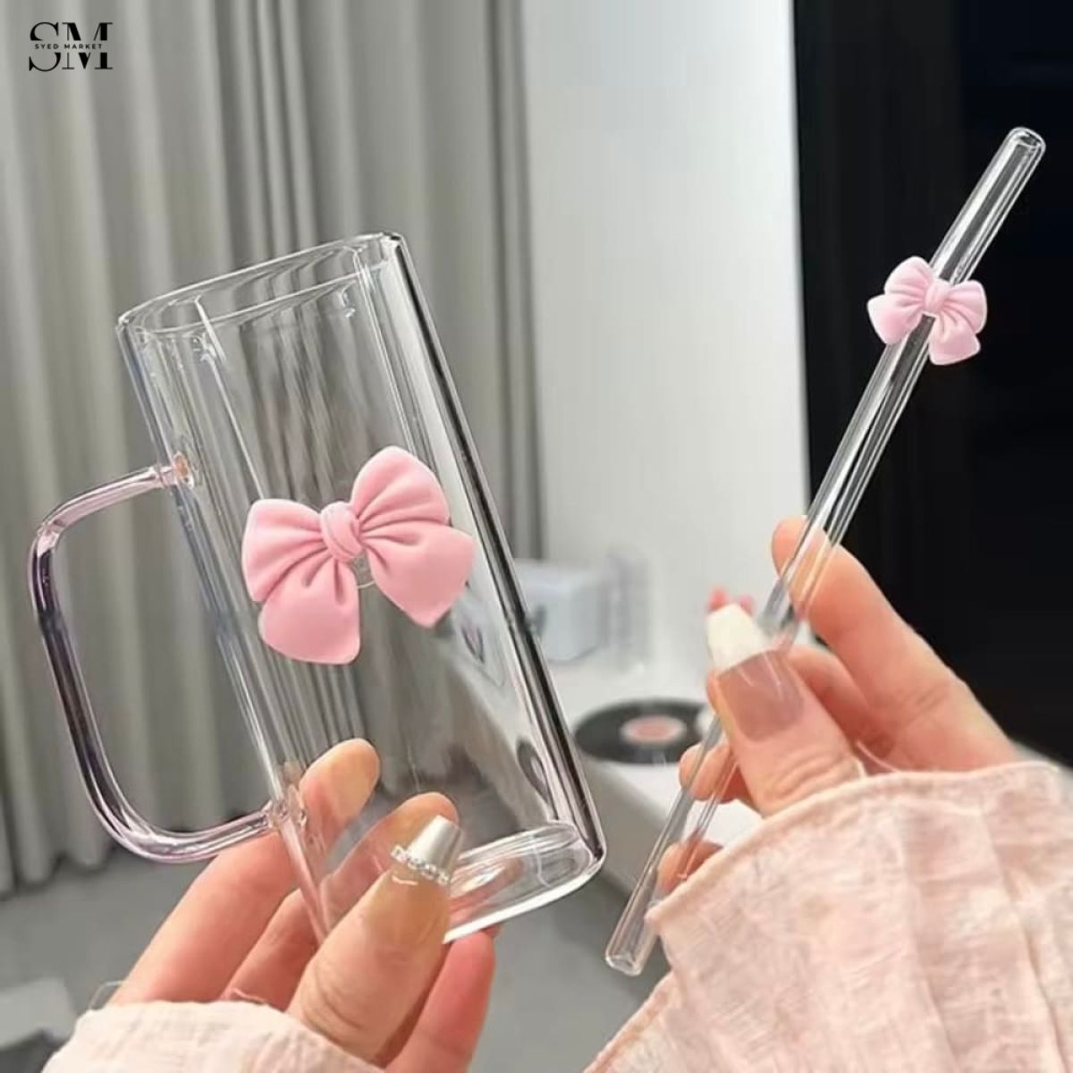 GLASSIUM BOW TUMBLER MUG WITH STRAW - 400ML