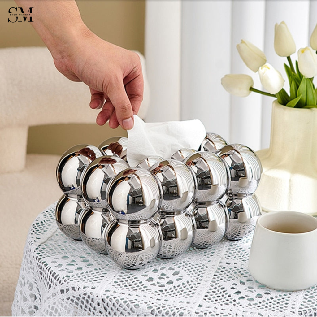 PVC BUBBLE DESIGN TISSUE BOX HOLDER – LUXURY VILLA TABLETOP DECOR - SILVER