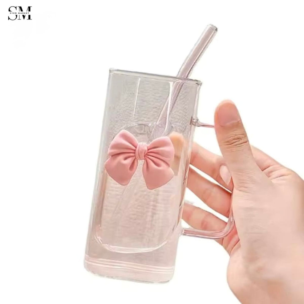 GLASSIUM BOW TUMBLER MUG WITH STRAW - 400ML