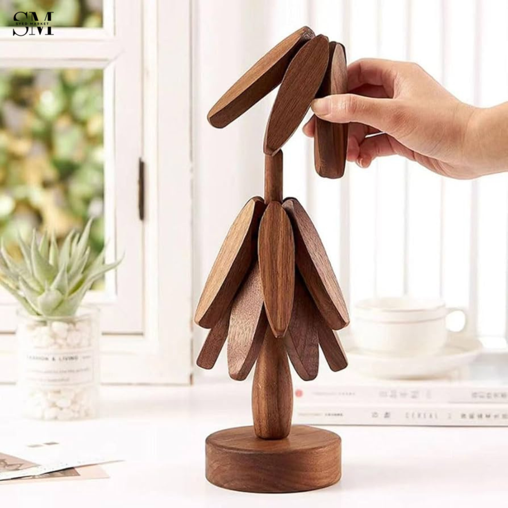 WOODEN FOLDABLE COASTER SET | MULTIFUNCTIONAL TABLE MAT & STAND NATURAL WALNUT FINISH -