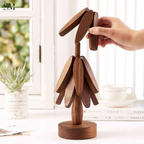 WOODEN FOLDABLE COASTER SET | MULTIFUNCTIONAL TABLE MAT & STAND NATURAL WALNUT FINISH -