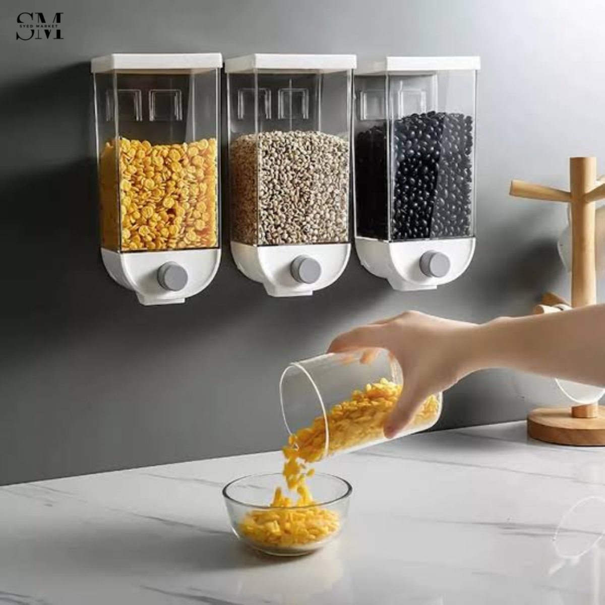 WALL MOUNTED DRY FOOD DISPENSER – MULTI GRAIN STORAGE CONTAINER WITH EASY PUSH BUTTON