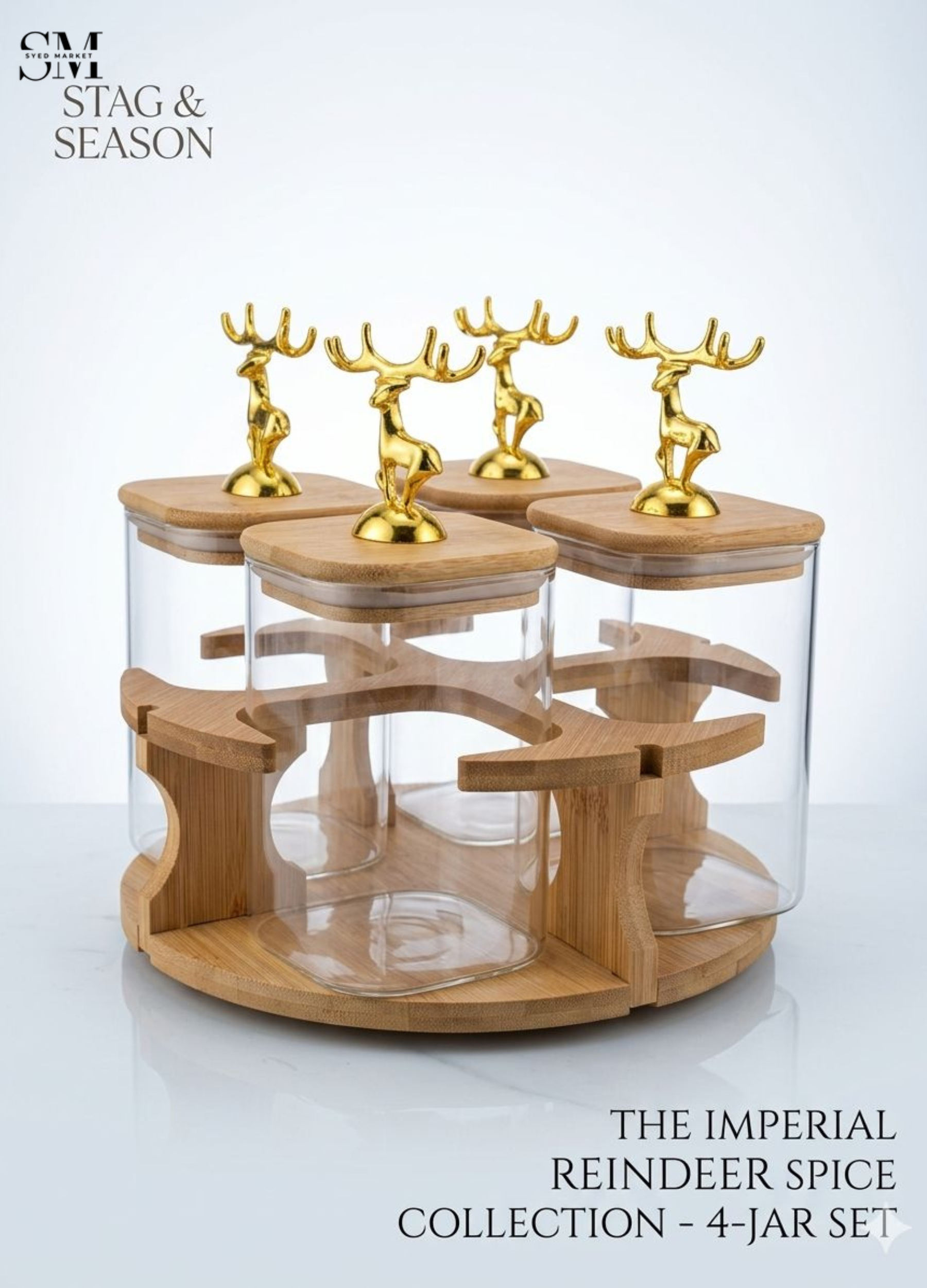 MAJESTIC REINDEER GLASS JARS SET - 4 PIECES ROTATING