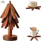 WOODEN FOLDABLE COASTER SET | MULTIFUNCTIONAL TABLE MAT & STAND NATURAL WALNUT FINISH -