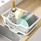 KITCHEN DISH DRYING RACK LARGE PLASTIC DRAINER WITH DRIP TRAY SPOONS & FORKS HOLDER