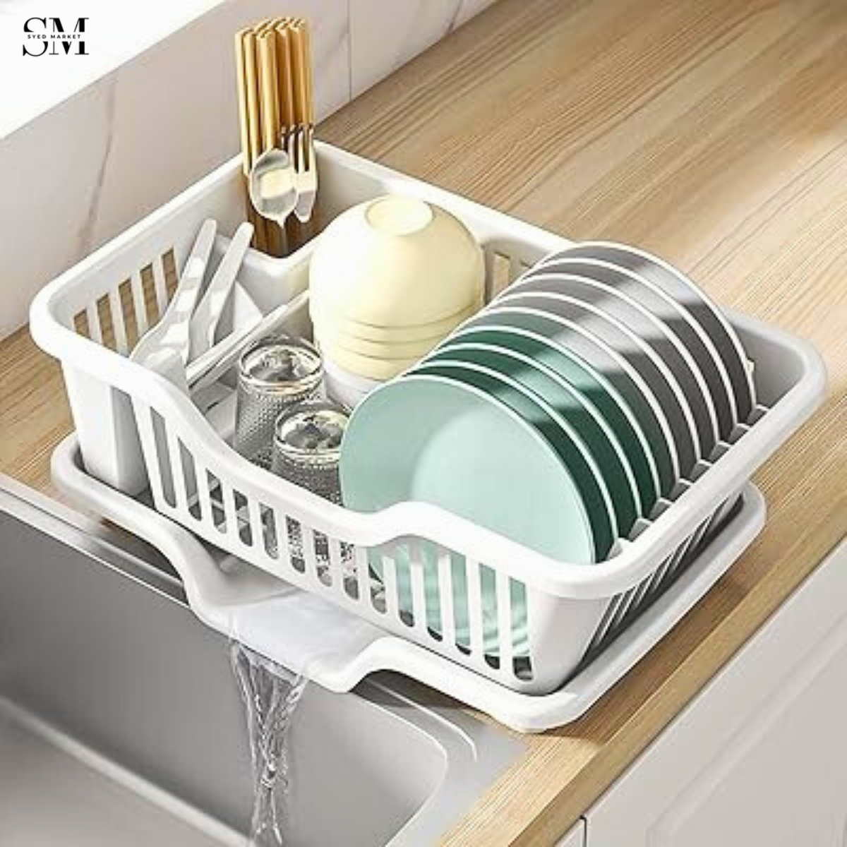 KITCHEN DISH DRYING RACK LARGE PLASTIC DRAINER WITH DRIP TRAY SPOONS & FORKS HOLDER