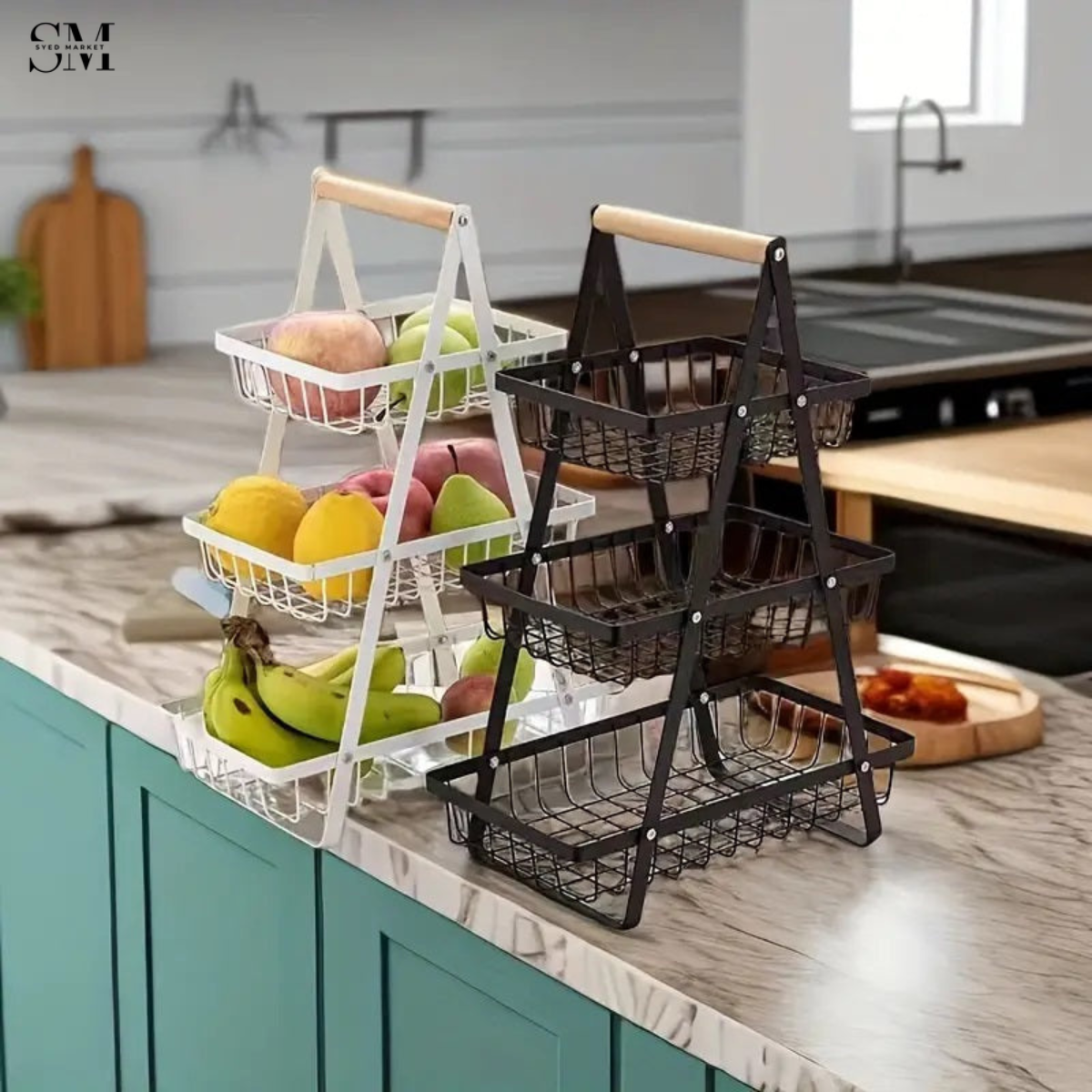 3-TIER FRUIT & VEGETABLE STORAGE BASKET – MODERN METAL KITCHEN ORGANIZER