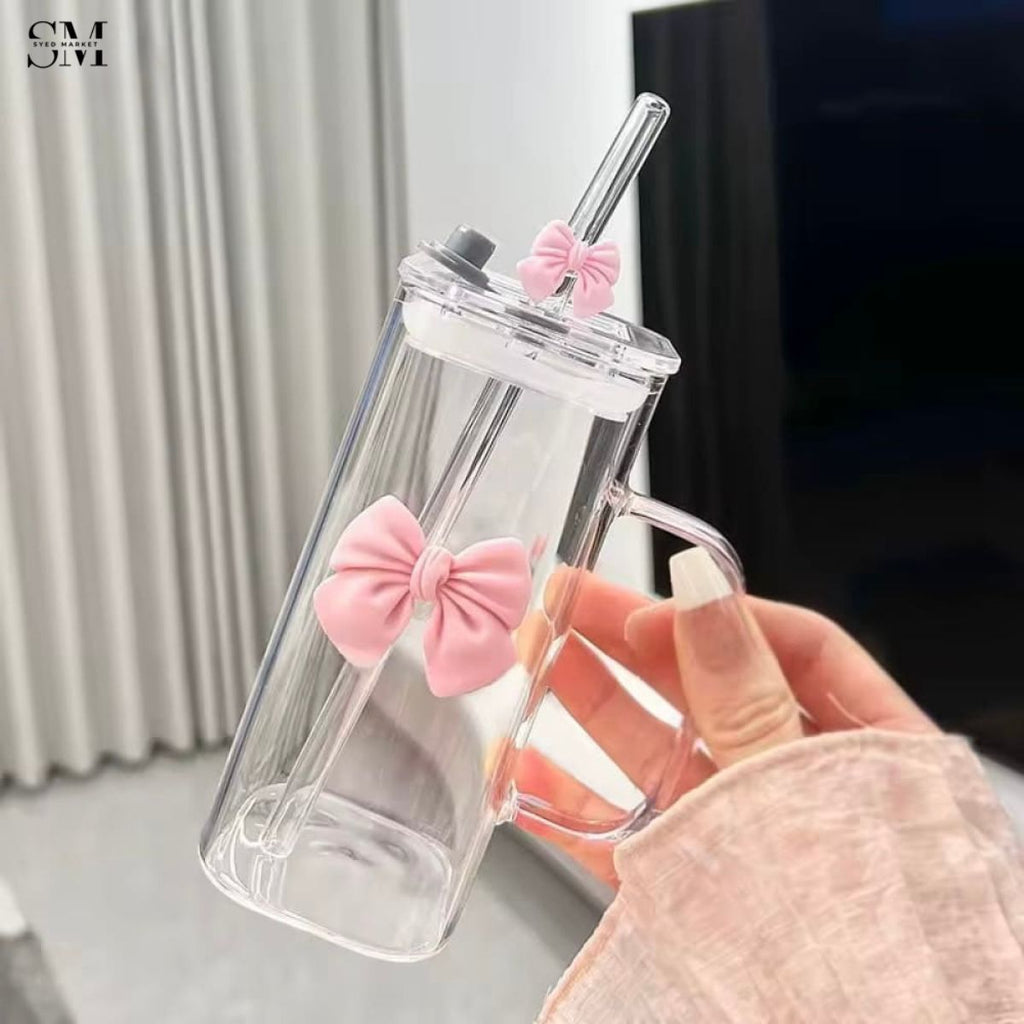 GLASSIUM BOW TUMBLER MUG WITH STRAW - 400ML