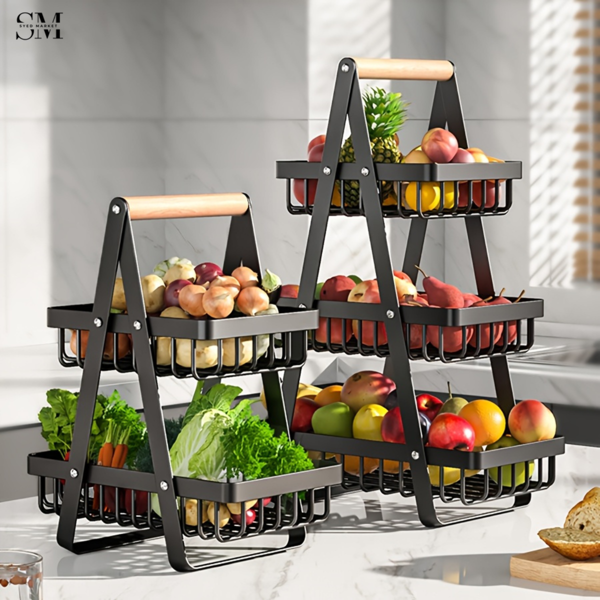 3-TIER FRUIT & VEGETABLE STORAGE BASKET – MODERN METAL KITCHEN ORGANIZER