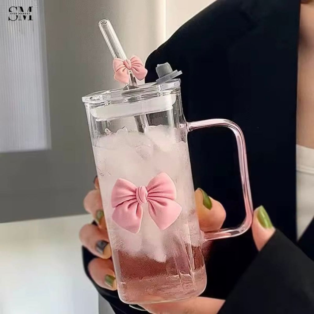 GLASSIUM BOW TUMBLER MUG WITH STRAW - 400ML