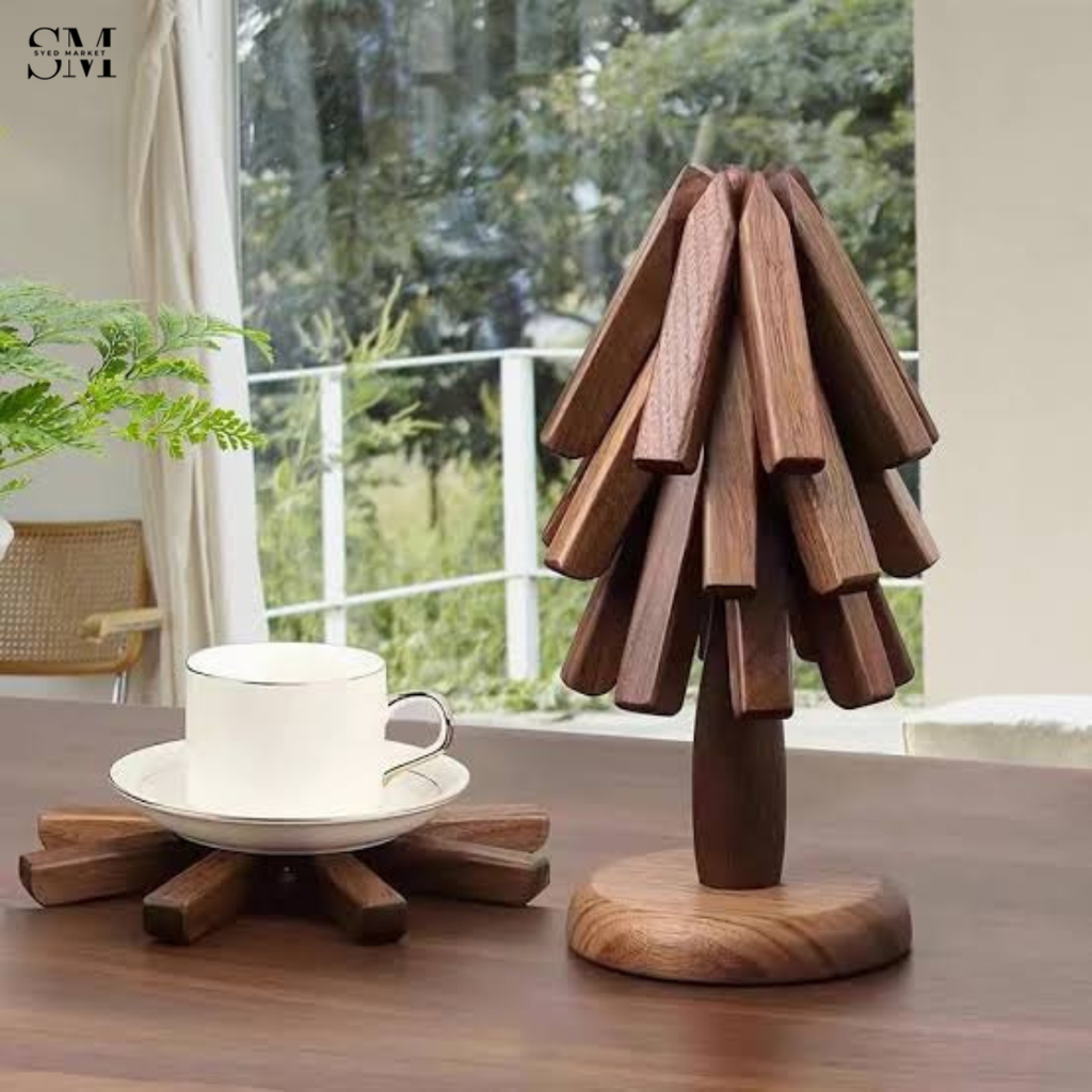WOODEN FOLDABLE COASTER SET | MULTIFUNCTIONAL TABLE MAT & STAND NATURAL WALNUT FINISH -