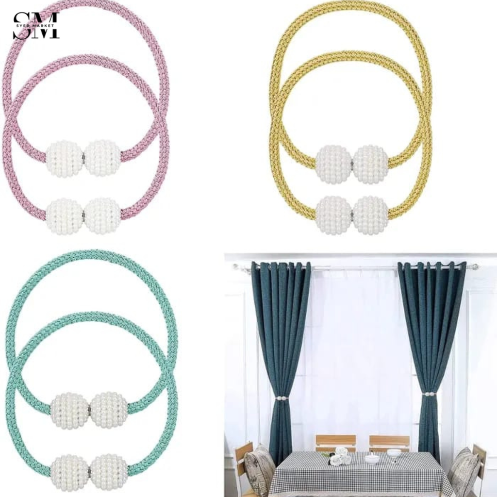 PACK OF 2 MAGNETIC PEARL CURTAIN TIEBACKS – ELEGANT ROPE CURTAIN HOLDBACKS