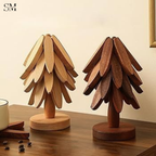 WOODEN FOLDABLE COASTER SET | MULTIFUNCTIONAL TABLE MAT & STAND NATURAL WALNUT FINISH -