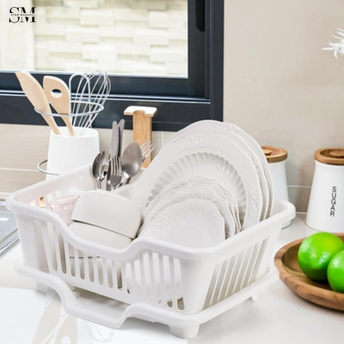 KITCHEN DISH DRYING RACK LARGE PLASTIC DRAINER WITH DRIP TRAY SPOONS & FORKS HOLDER