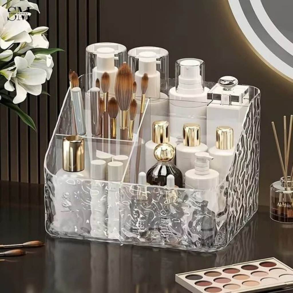 ACRYLIC MAKEUP ORGANIZER – MULTI-COMPARTMENT COSMETIC STORAGE BOX