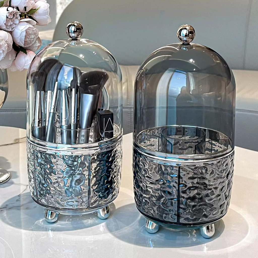 LUXURY GLASS MAKEUP BRUSH ORGANIZER WITH DOME COVER – ELEGANT COSMETIC STORAGE CONTAINER