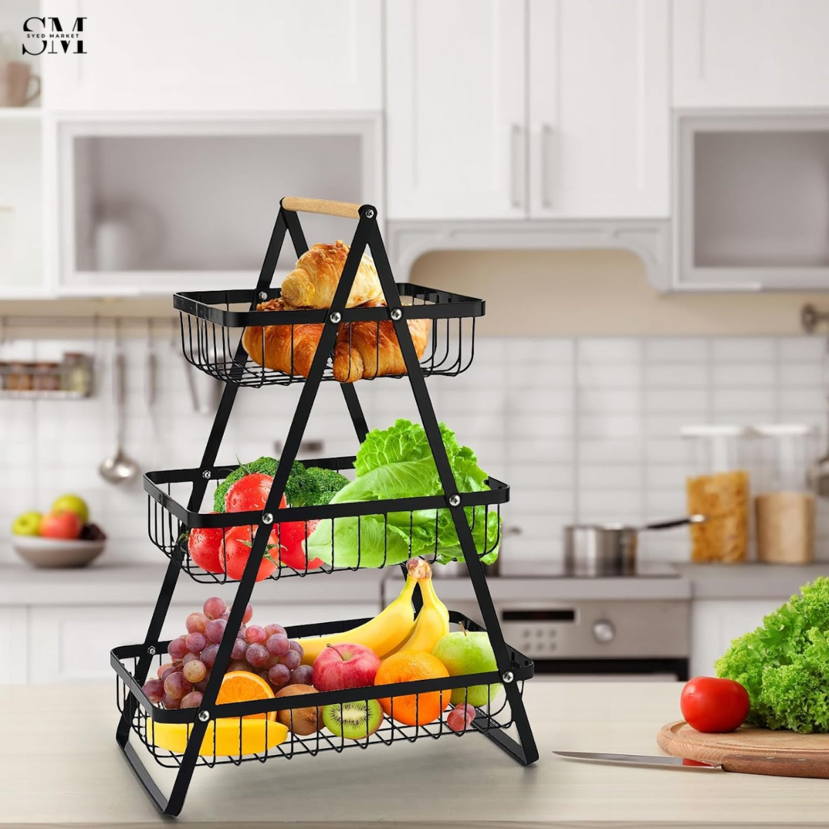 3-TIER FRUIT & VEGETABLE STORAGE BASKET – MODERN METAL KITCHEN ORGANIZER