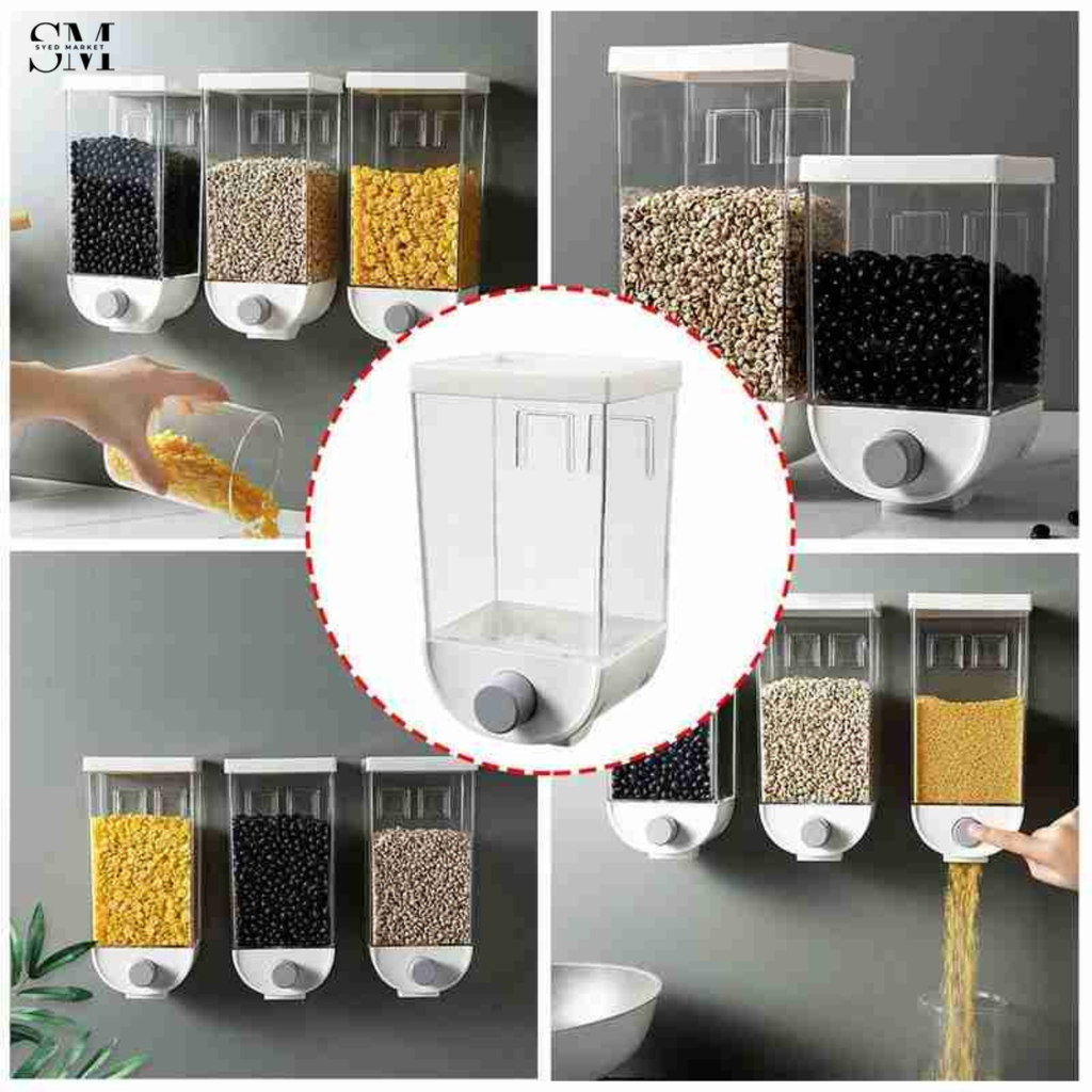 WALL MOUNTED DRY FOOD DISPENSER – MULTI GRAIN STORAGE CONTAINER WITH EASY PUSH BUTTON